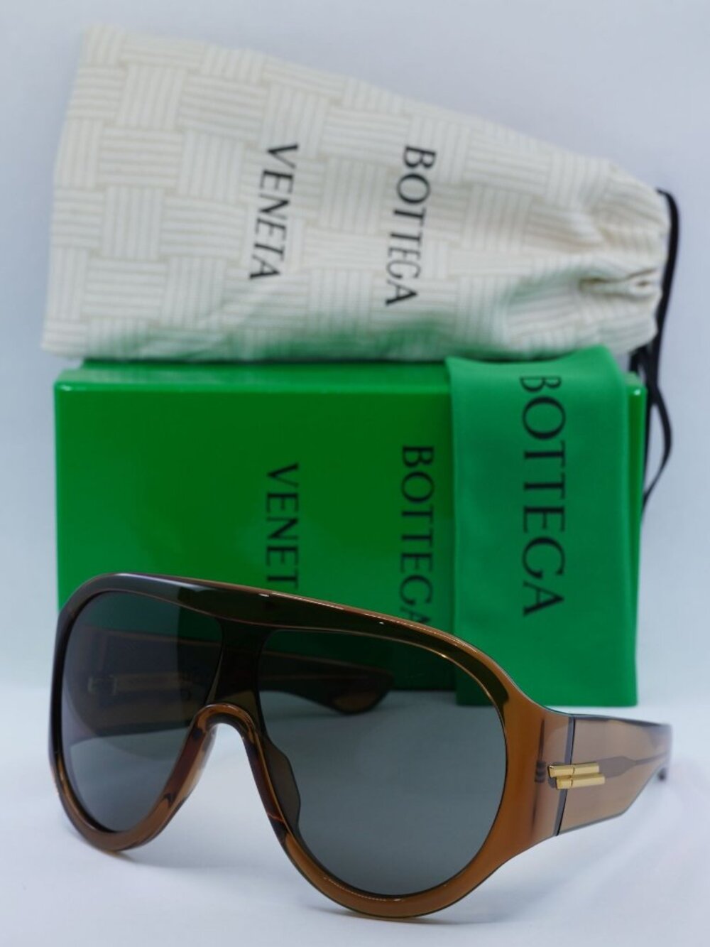 Bottega Veneta BV1345S 005 Shield Sunglasses - Shiny Brown/Grey
